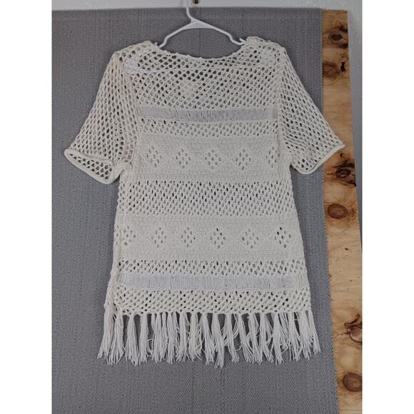 Cato Woman Crochet Woven Top Plus Size 18/20 White Fringe Trim Cover Up - Picture 6 of 12